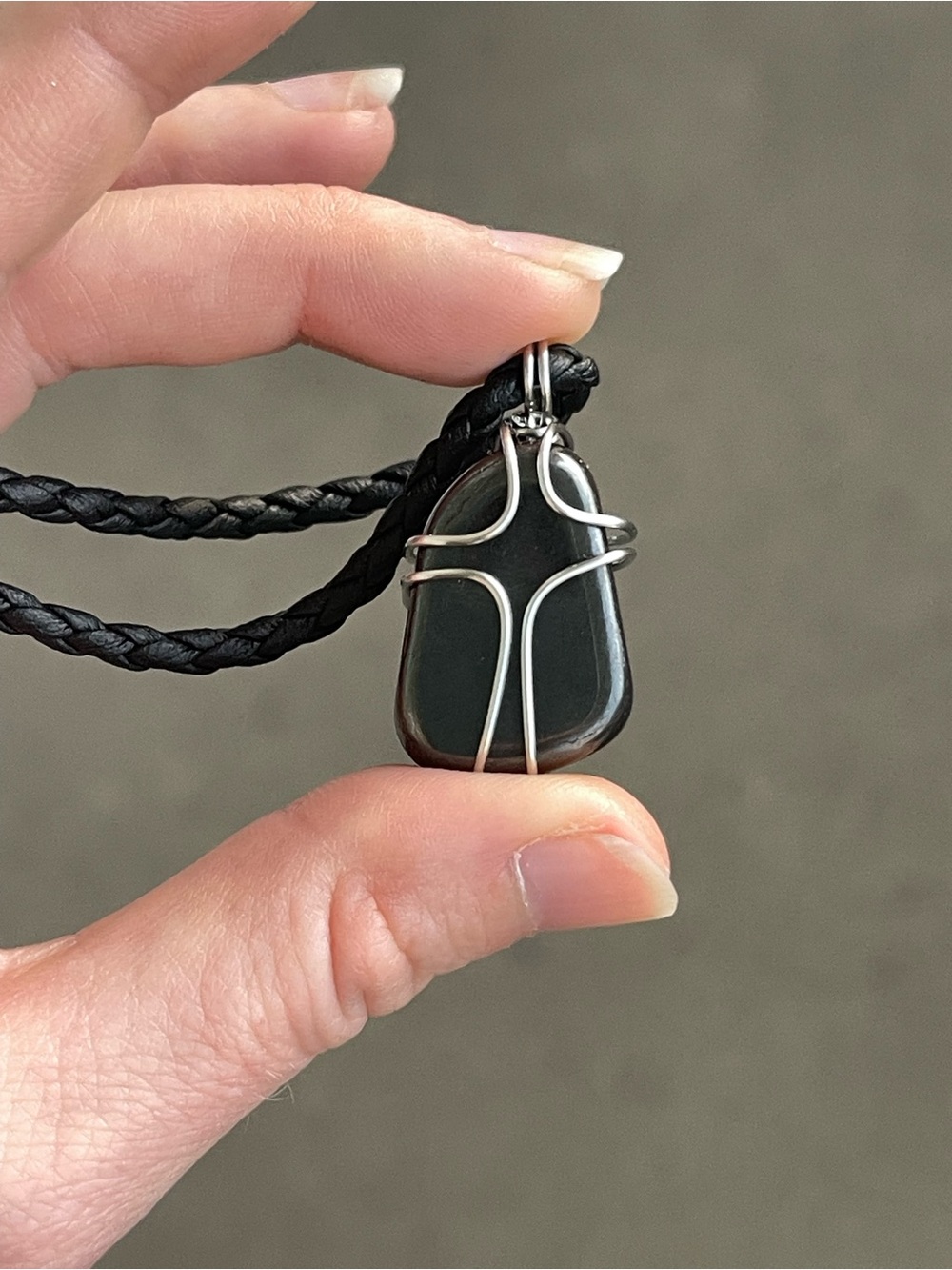 Hematite Black Gemstone Pendant Stainless Steel Wire Wrap on Braided Black Cord